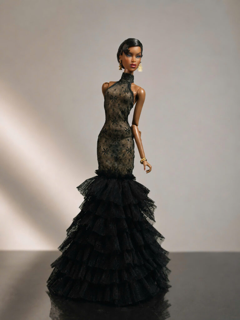 Obsidian Cascade black lace evening gown for 30 cm fashion doll